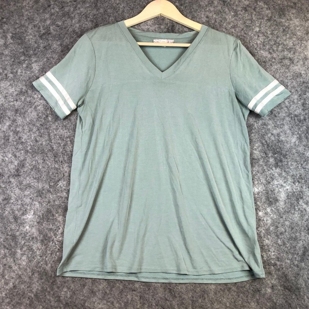 Pink Republic Top L Juniors Women T Shirt Sage Boho V Neck Varisty Stripe Sleeve